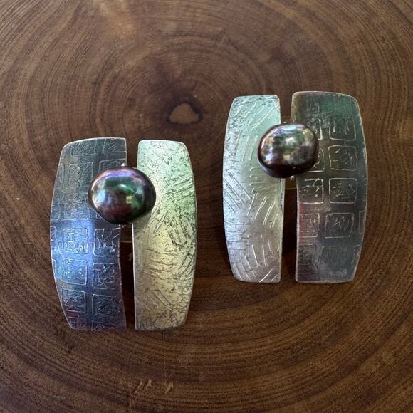 Lynda Fullerton & Bahr Sterling Silver Pearl Pierced Earrings Statement Asian - Picture 1 of 9